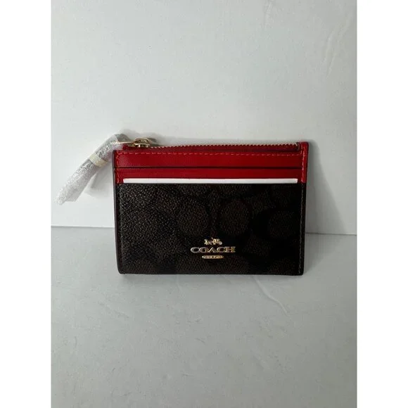 Coach Mini Skinny Id Case Signature Canvas Gold Walnut Bold Red - Picture 4 of 6